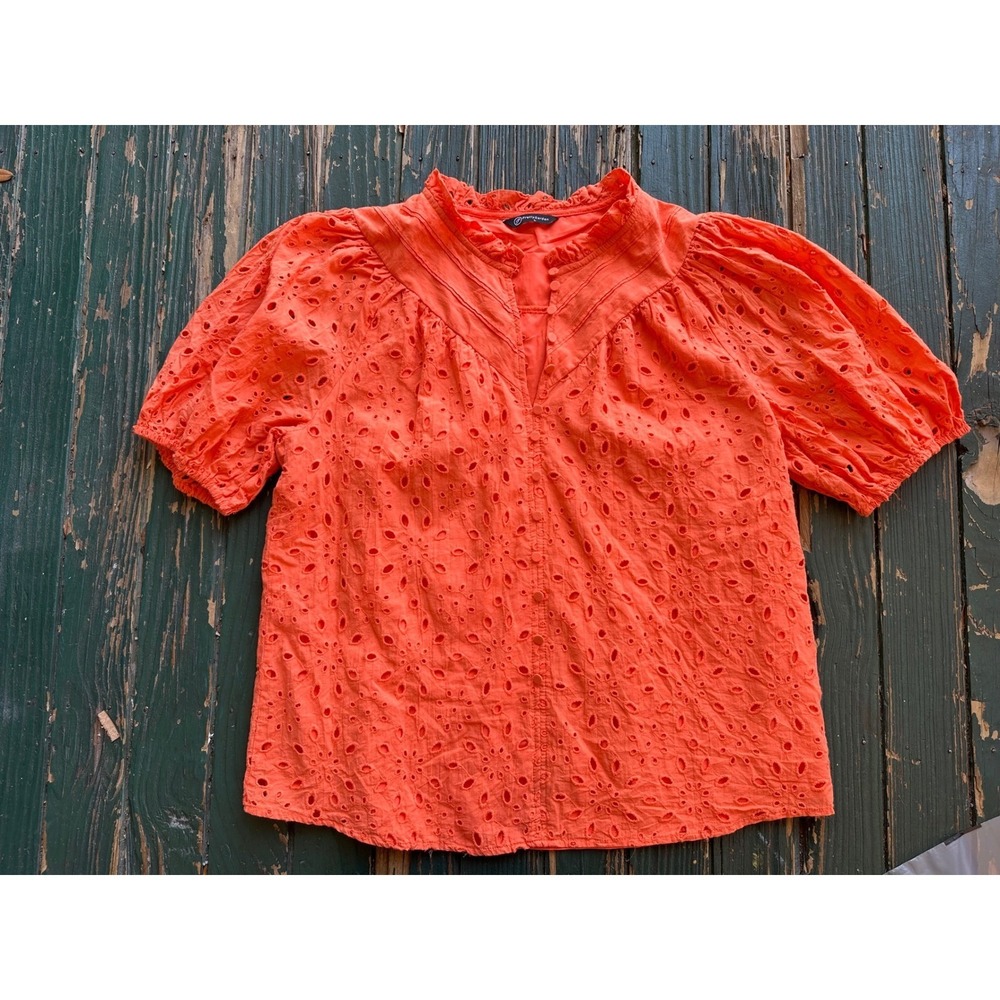 PrettyGarden Orange Eyelet Lace Blouse‎ Short Puff Sleeve Ruffle Neck Top L
